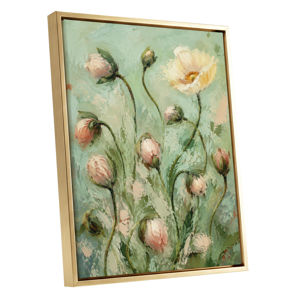 The Unfolding Garden, green, pink, white floral wall art shown as a gold framed canvas wall art