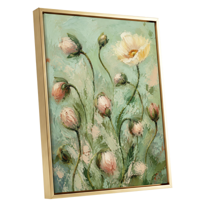 The Unfolding Garden, green, pink, white floral wall art shown as a gold framed canvas wall art