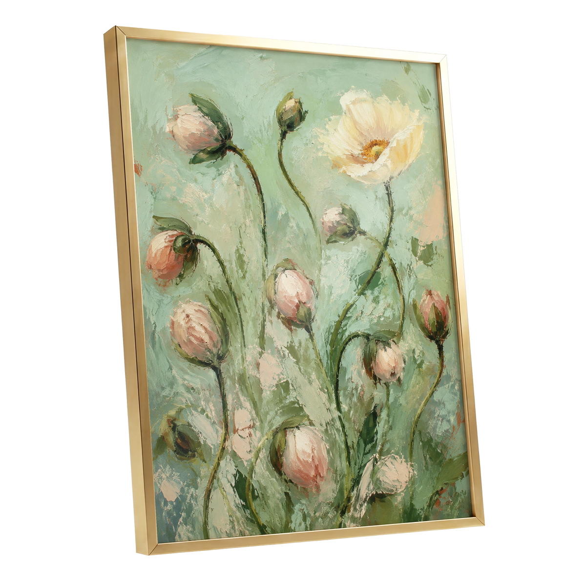 The Unfolding Garden, green, pink, white floral wall art shown as a gold framed poster wall art print