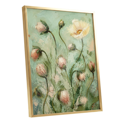 The Unfolding Garden, green, pink, white floral wall art shown as a gold framed poster wall art print