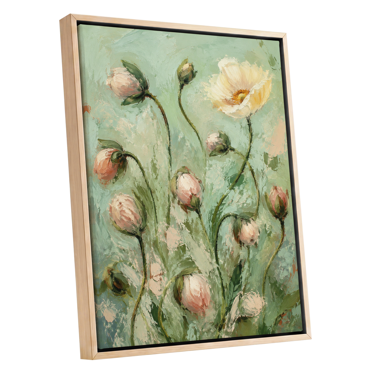 The Unfolding Garden, green, pink, white floral wall art shown as a oak framed canvas wall art