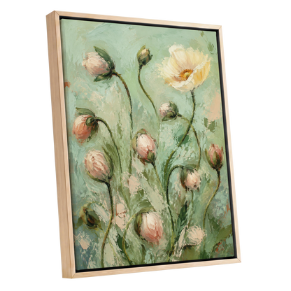 The Unfolding Garden, green, pink, white floral wall art shown as a oak framed canvas wall art