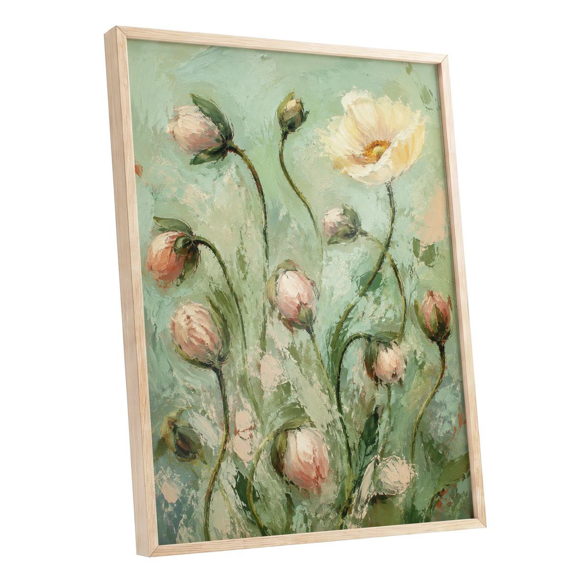 The Unfolding Garden, green, pink, white floral wall art shown as a oak framed poster wall art print