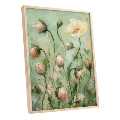 The Unfolding Garden, green, pink, white floral wall art shown as a oak framed poster wall art print