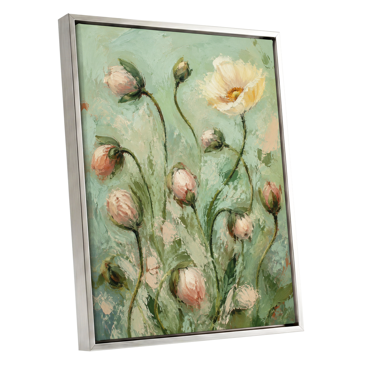The Unfolding Garden, green, pink, white floral wall art shown as a silver framed canvas wall art