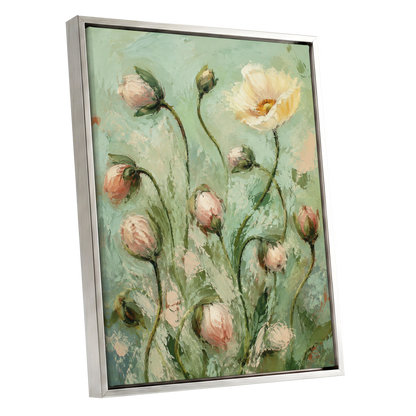 The Unfolding Garden, green, pink, white floral wall art shown as a silver framed canvas wall art