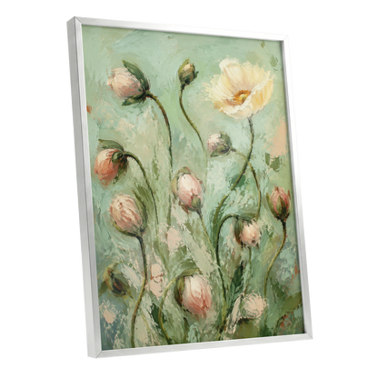 The Unfolding Garden, green, pink, white floral wall art shown as a silver framed poster wall art print