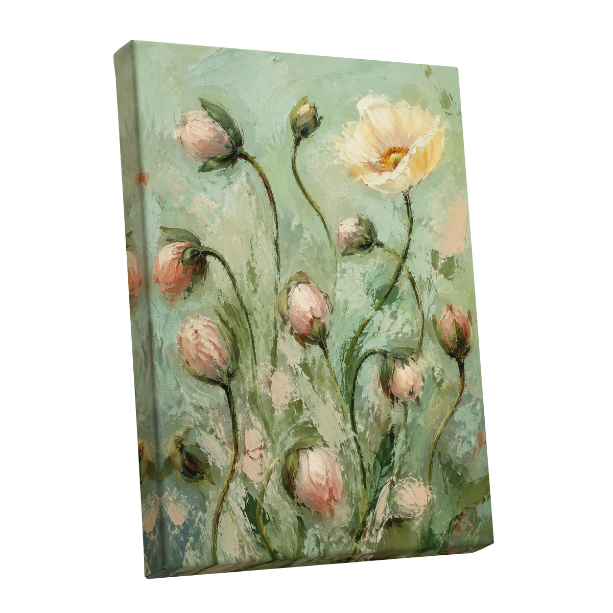 The Unfolding Garden, green, pink, white floral wall art shown as a stretched canvas wall art