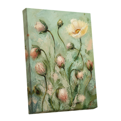 The Unfolding Garden, green, pink, white floral wall art shown as a stretched canvas wall art