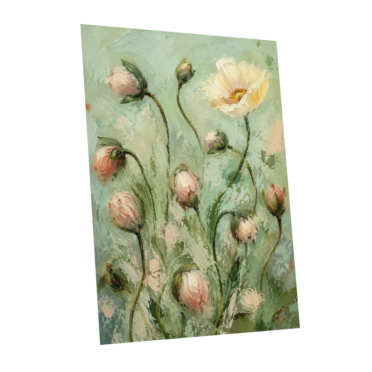 The Unfolding Garden, green, pink, white floral wall art shown as a unframed poster wall art print