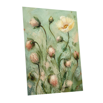 The Unfolding Garden, green, pink, white floral wall art shown as a unframed poster wall art print