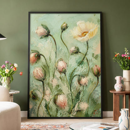 The Unfolding Garden, green, pink, white floral wall art displayed in a styled interior, gallery view 2