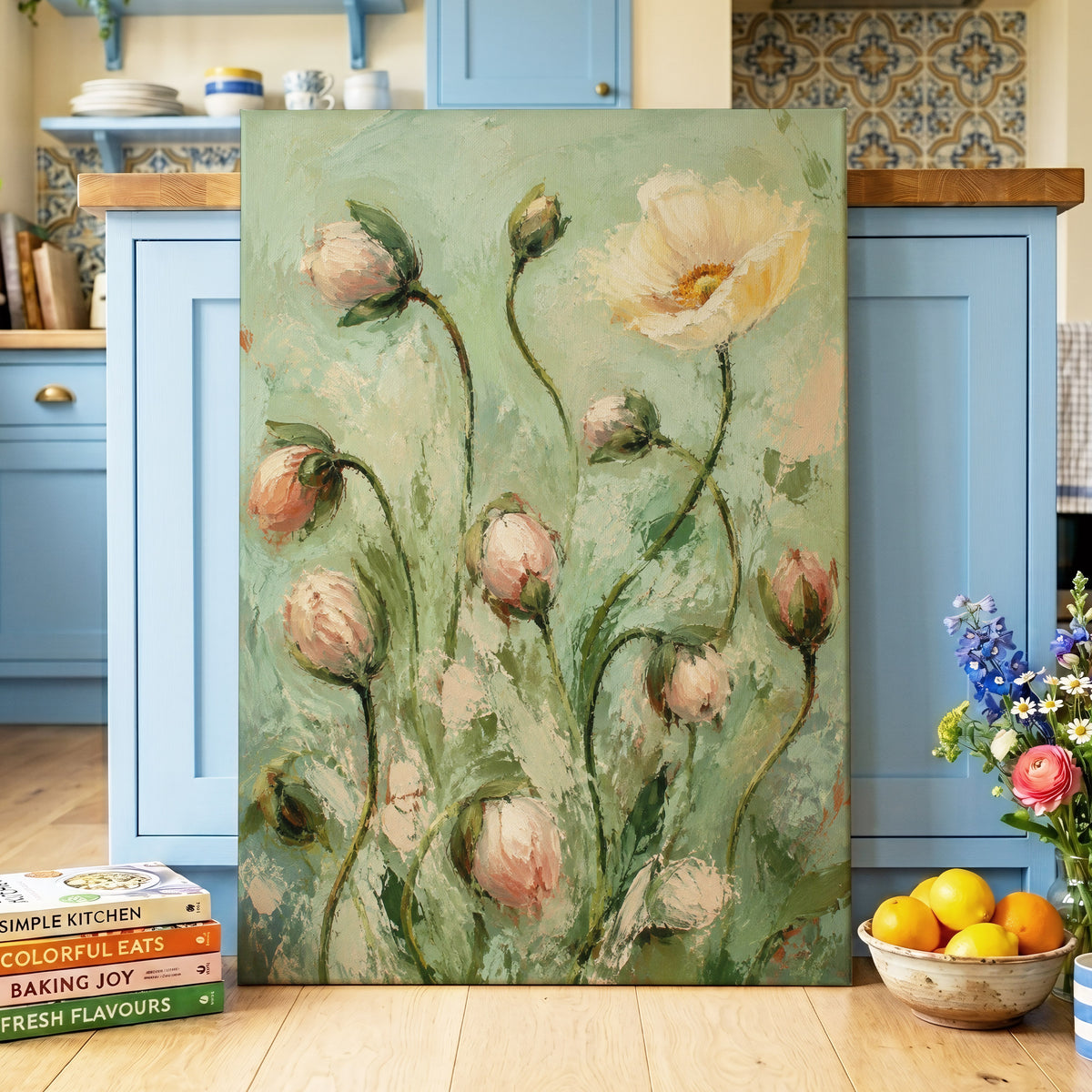 The Unfolding Garden, green, pink, white floral wall art displayed in a styled interior, gallery view 3