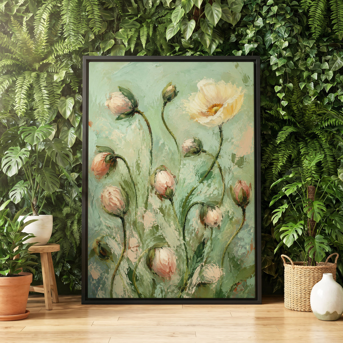 The Unfolding Garden, green, pink, white floral wall art displayed in a styled interior, gallery view 4