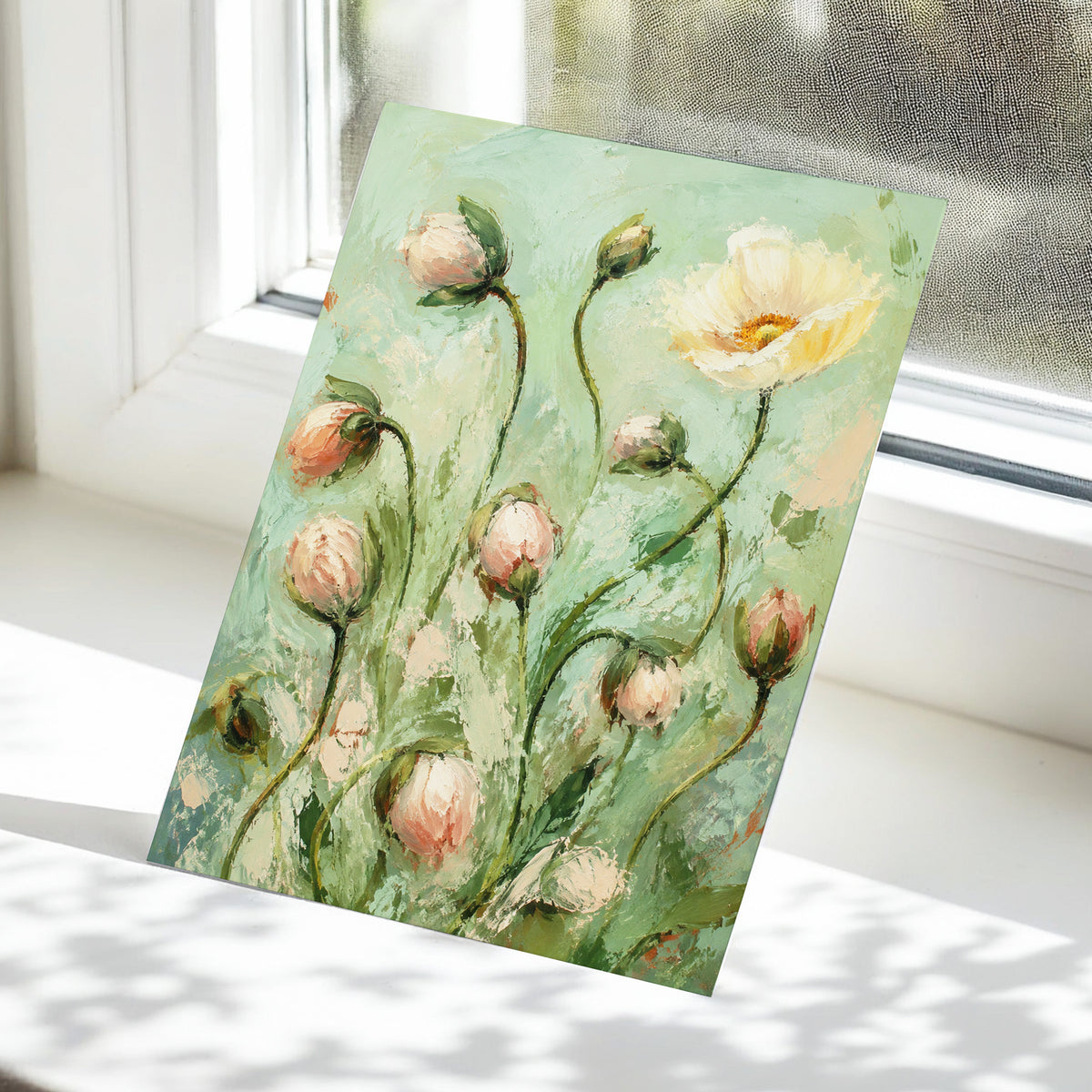 The Unfolding Garden, green, pink, white floral wall art displayed in a styled interior, gallery view 5