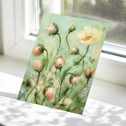 The Unfolding Garden, green, pink, white floral wall art displayed in a styled interior, gallery view 5