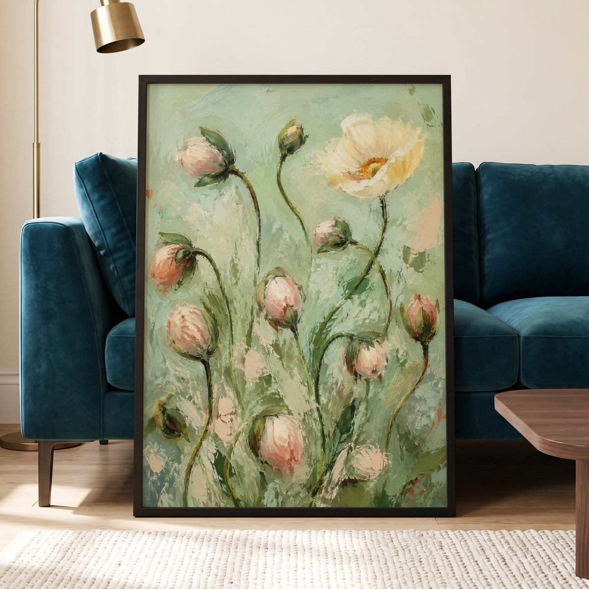 The Unfolding Garden, green, pink, white floral wall art displayed in a styled interior, gallery view 6