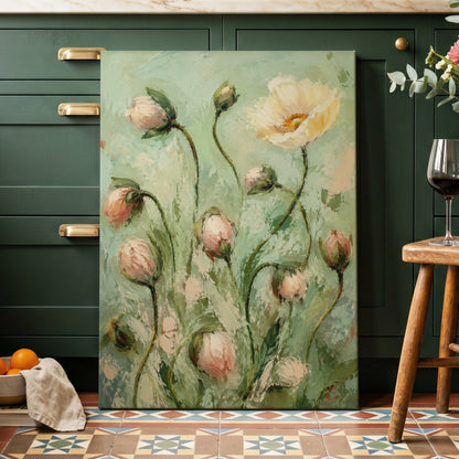The Unfolding Garden, green, pink, white floral wall art displayed in a styled interior, gallery view 7