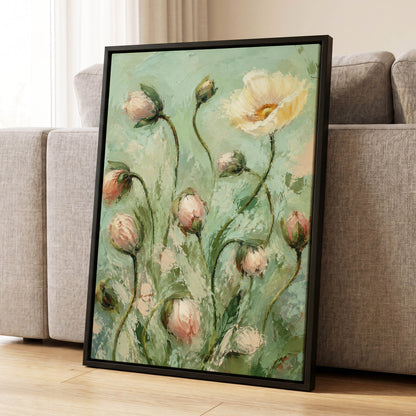 The Unfolding Garden, green, pink, white floral wall art displayed in a styled interior, gallery view 8