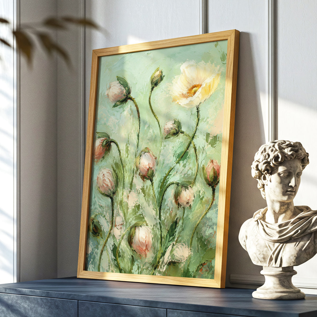 The Unfolding Garden, green, pink, white floral wall art displayed in a styled interior, gallery view 9