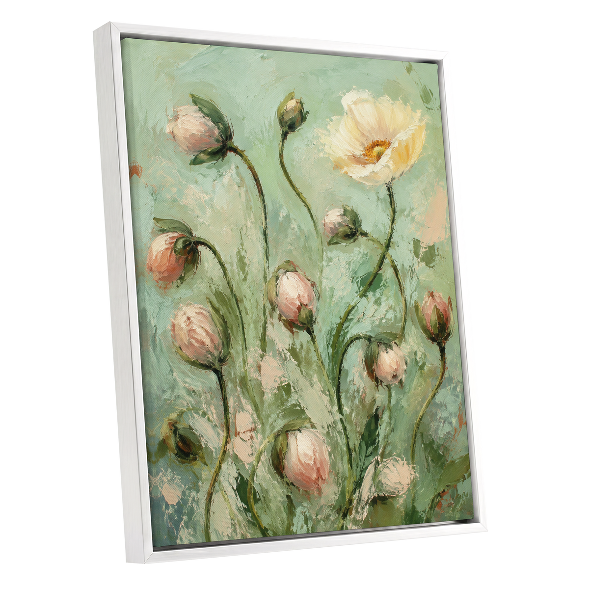 The Unfolding Garden, green, pink, white floral wall art shown as a white framed canvas wall art