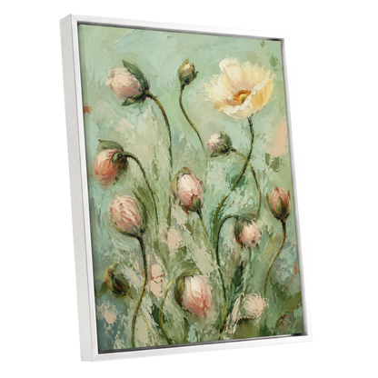 The Unfolding Garden, green, pink, white floral wall art shown as a white framed canvas wall art