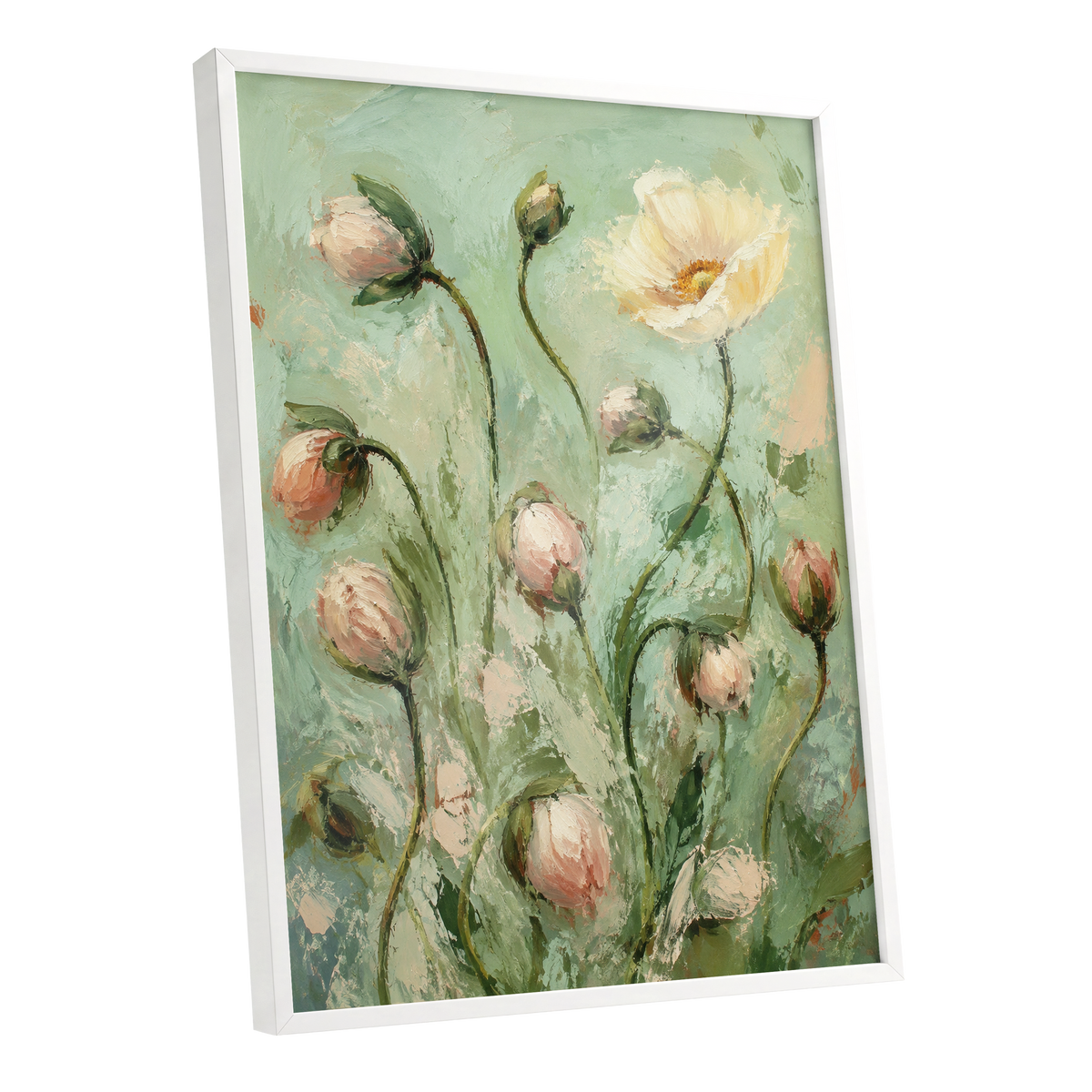 The Unfolding Garden, green, pink, white floral wall art shown as a white framed poster wall art print