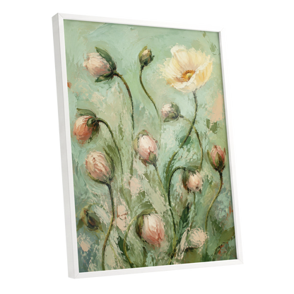 The Unfolding Garden, green, pink, white floral wall art shown as a white framed poster wall art print