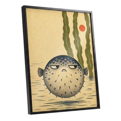The Unimpressed Puffer, beige, blue, green nature wall art shown as a black framed poster wall art print
