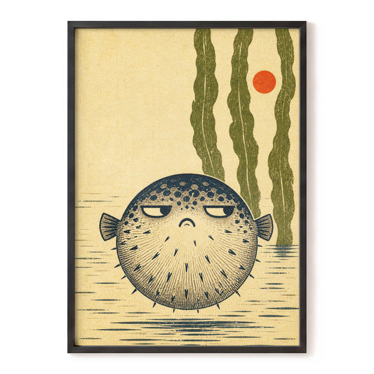 The Unimpressed Puffer, beige, blue, green nature wall art, front artwork view