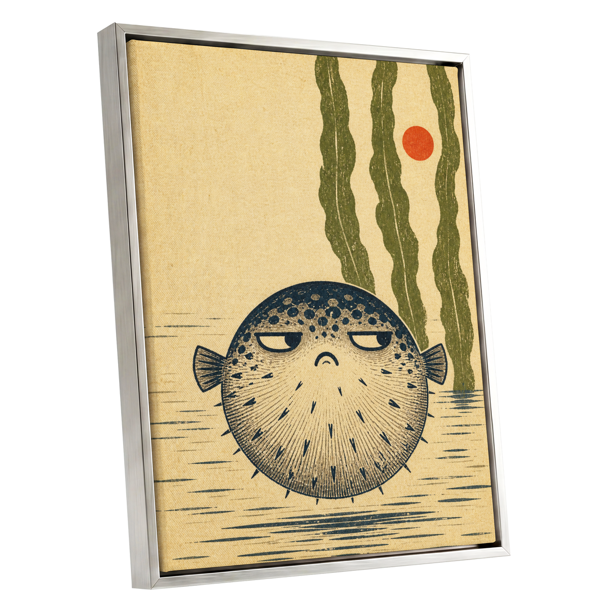 The Unimpressed Puffer, beige, blue, green nature wall art shown as a silver framed canvas wall art