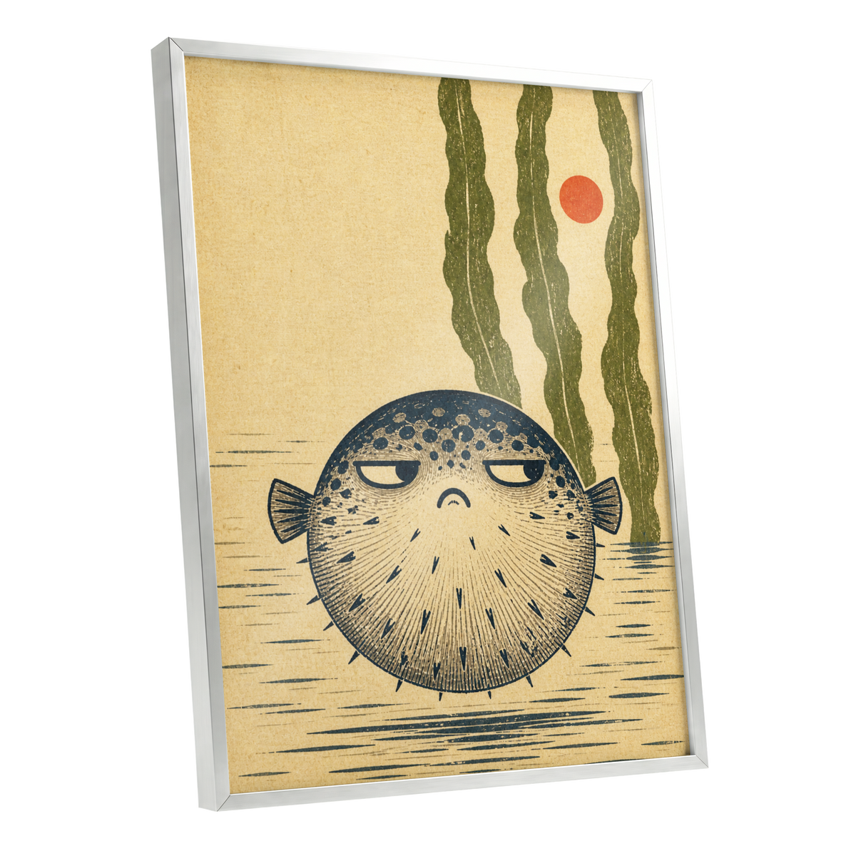 The Unimpressed Puffer, beige, blue, green nature wall art shown as a silver framed poster wall art print