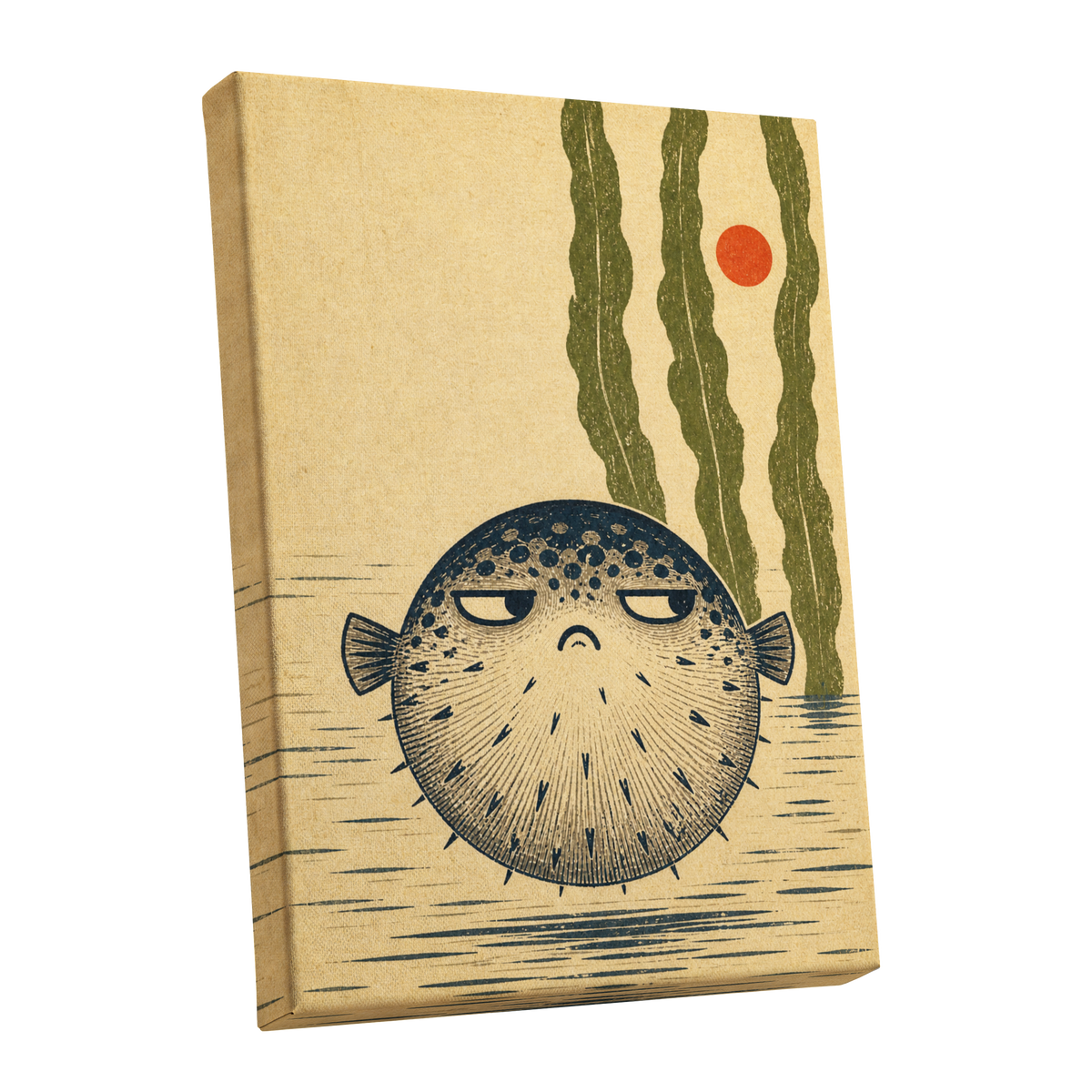 The Unimpressed Puffer, beige, blue, green nature wall art shown as a stretched canvas wall art