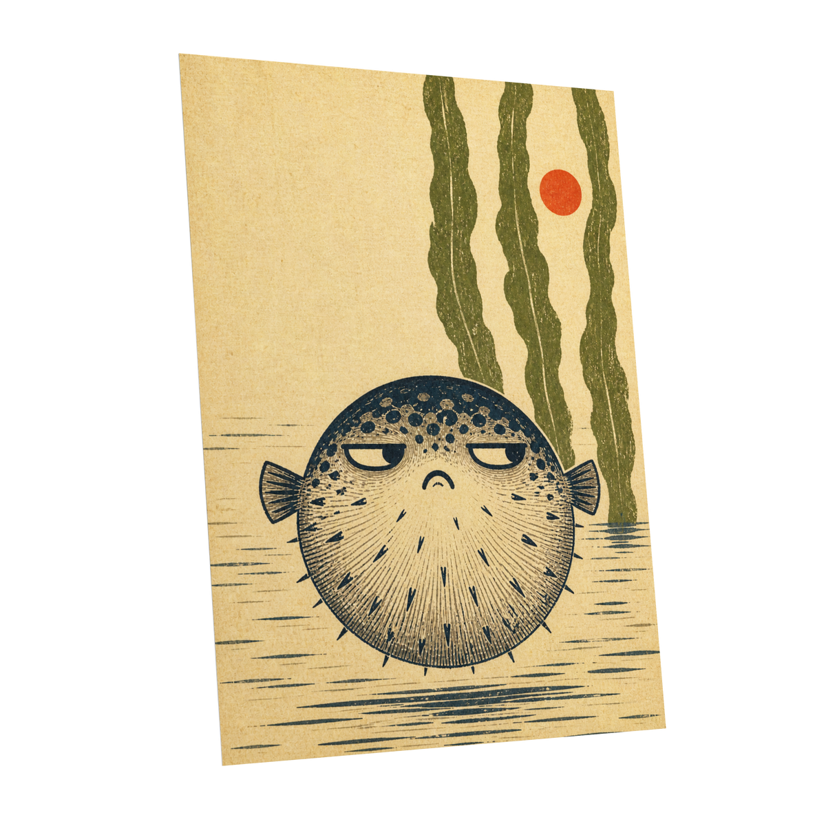 The Unimpressed Puffer, beige, blue, green nature wall art shown as a unframed poster wall art print