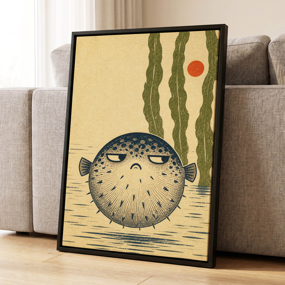 The Unimpressed Puffer, beige, blue, green nature wall art displayed in a styled interior, gallery view 4