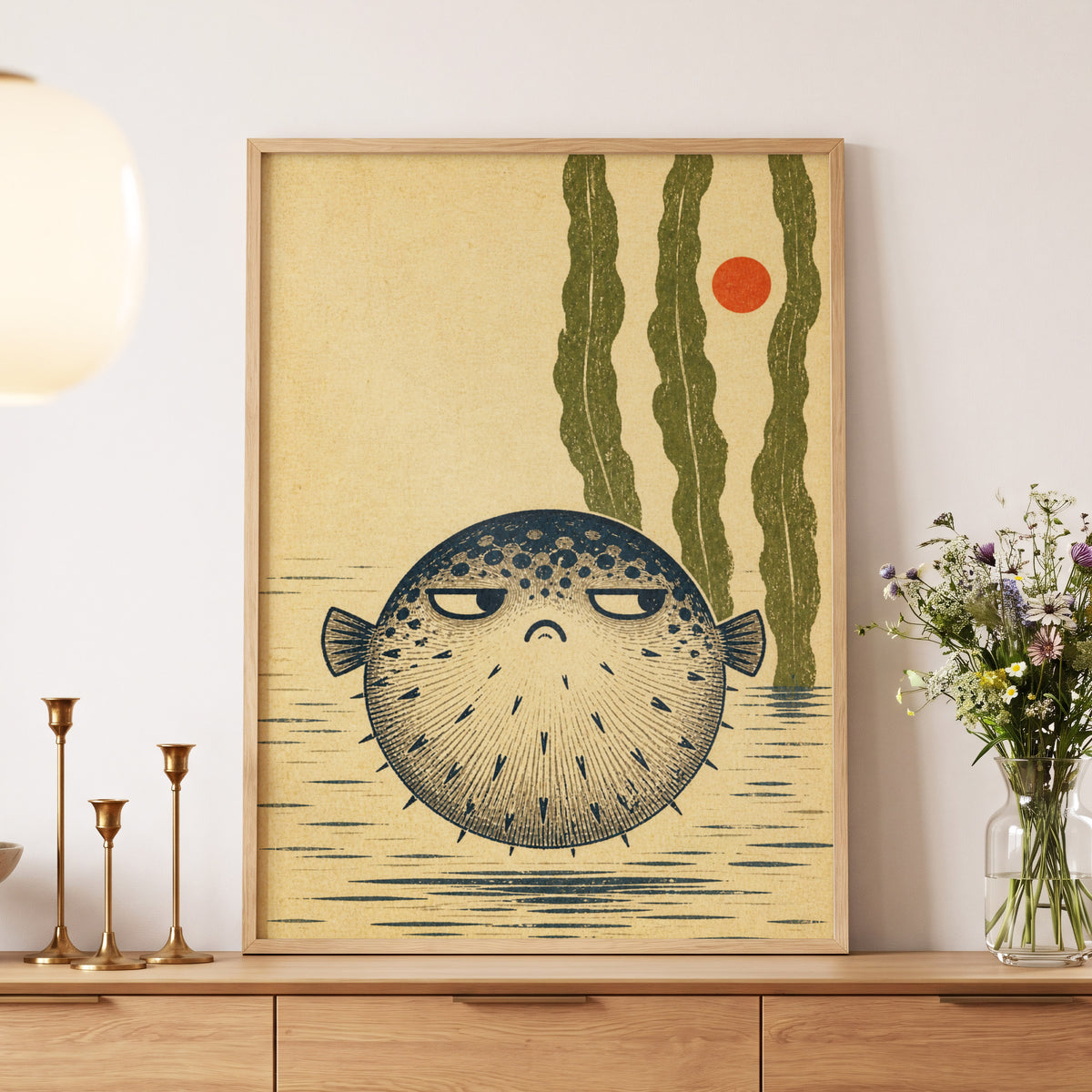 The Unimpressed Puffer, beige, blue, green nature wall art displayed in a styled interior, gallery view 6