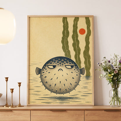 The Unimpressed Puffer, beige, blue, green nature wall art displayed in a styled interior, gallery view 6