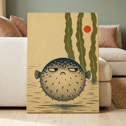 The Unimpressed Puffer, beige, blue, green nature wall art displayed in a styled interior, gallery view 7