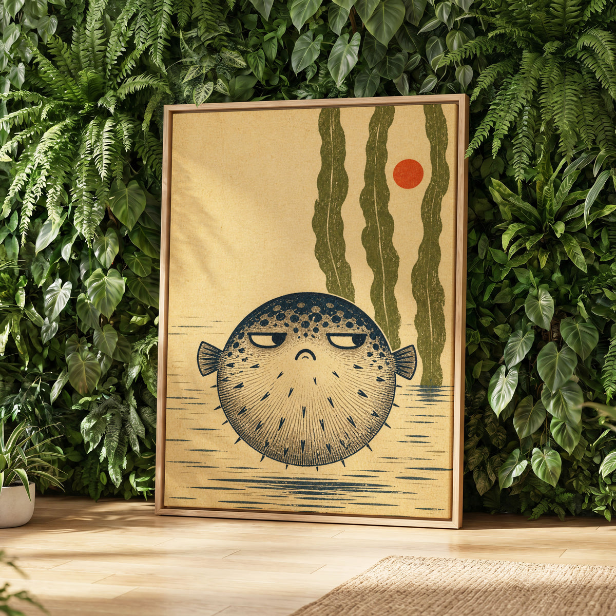 The Unimpressed Puffer, beige, blue, green nature wall art displayed in a styled interior, gallery view 8