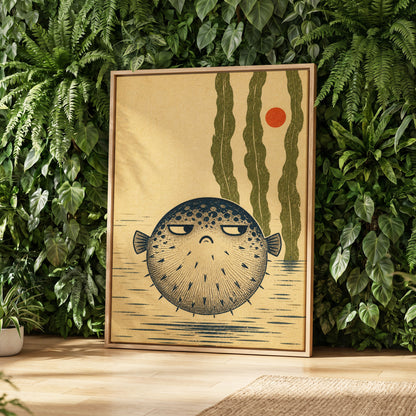 The Unimpressed Puffer, beige, blue, green nature wall art displayed in a styled interior, gallery view 8