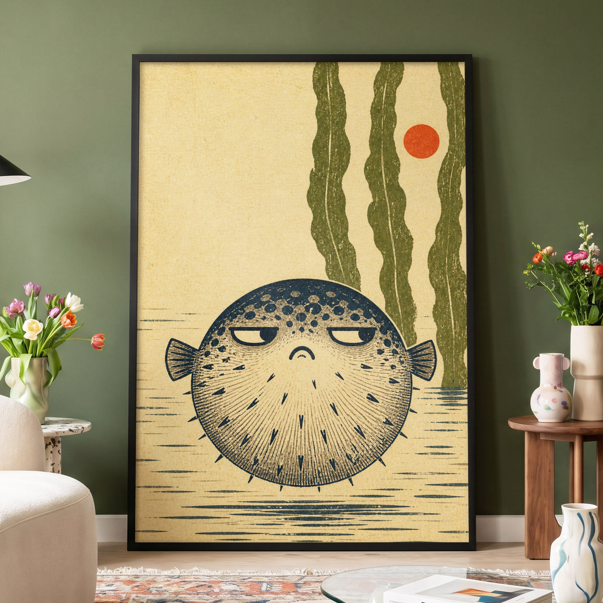 The Unimpressed Puffer, beige, blue, green nature wall art displayed in a styled interior, gallery view 9
