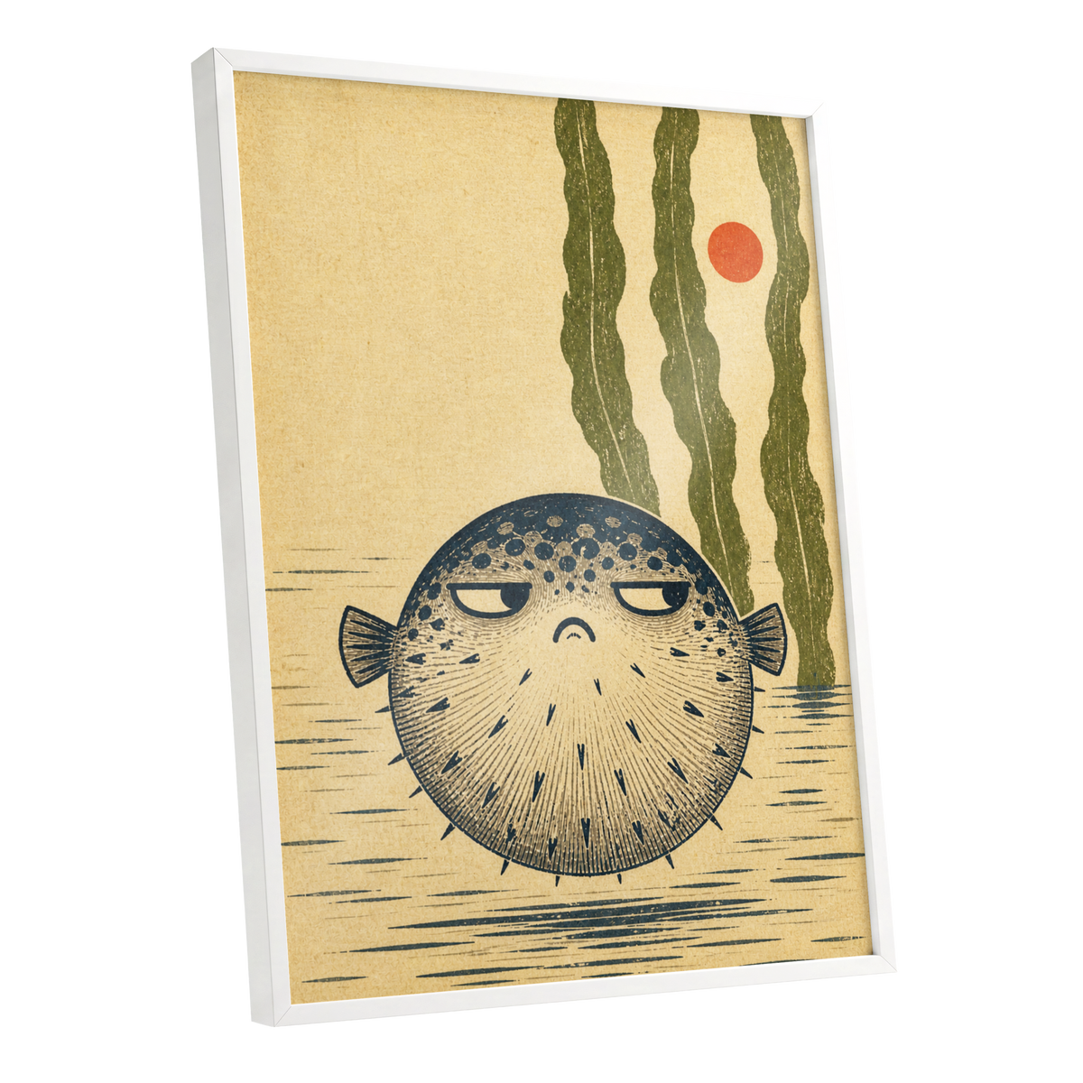 The Unimpressed Puffer, beige, blue, green nature wall art shown as a white framed poster wall art print