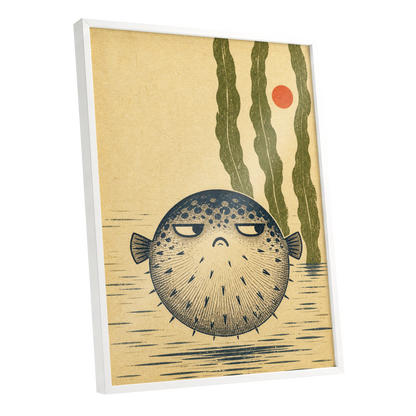 The Unimpressed Puffer, beige, blue, green nature wall art shown as a white framed poster wall art print