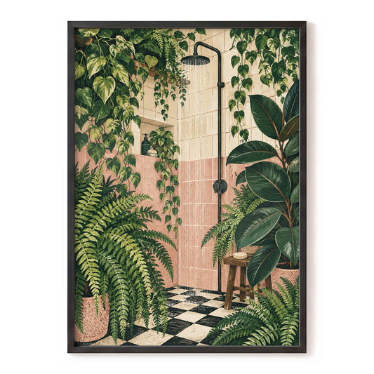 The Verdant Shower, green, pink, beige nature wall art, front artwork view