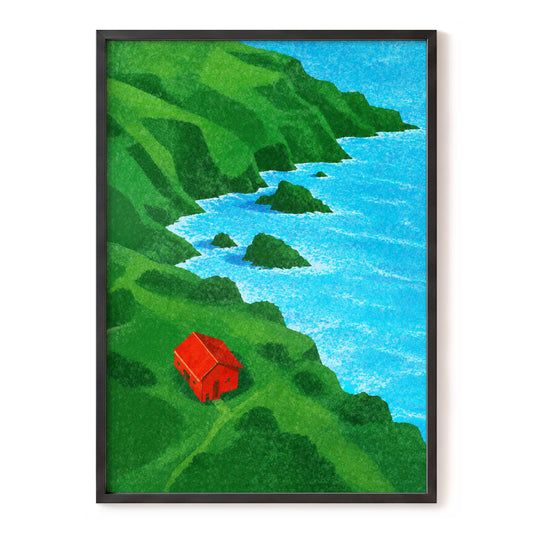 The Vermilion Hideaway, green, blue, red nature wall art, front artwork view