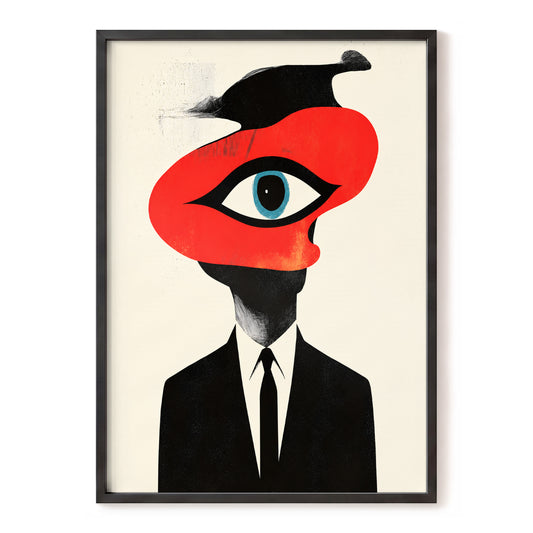 The Watching Man, black, red, beige abstract wall art, front artwork view