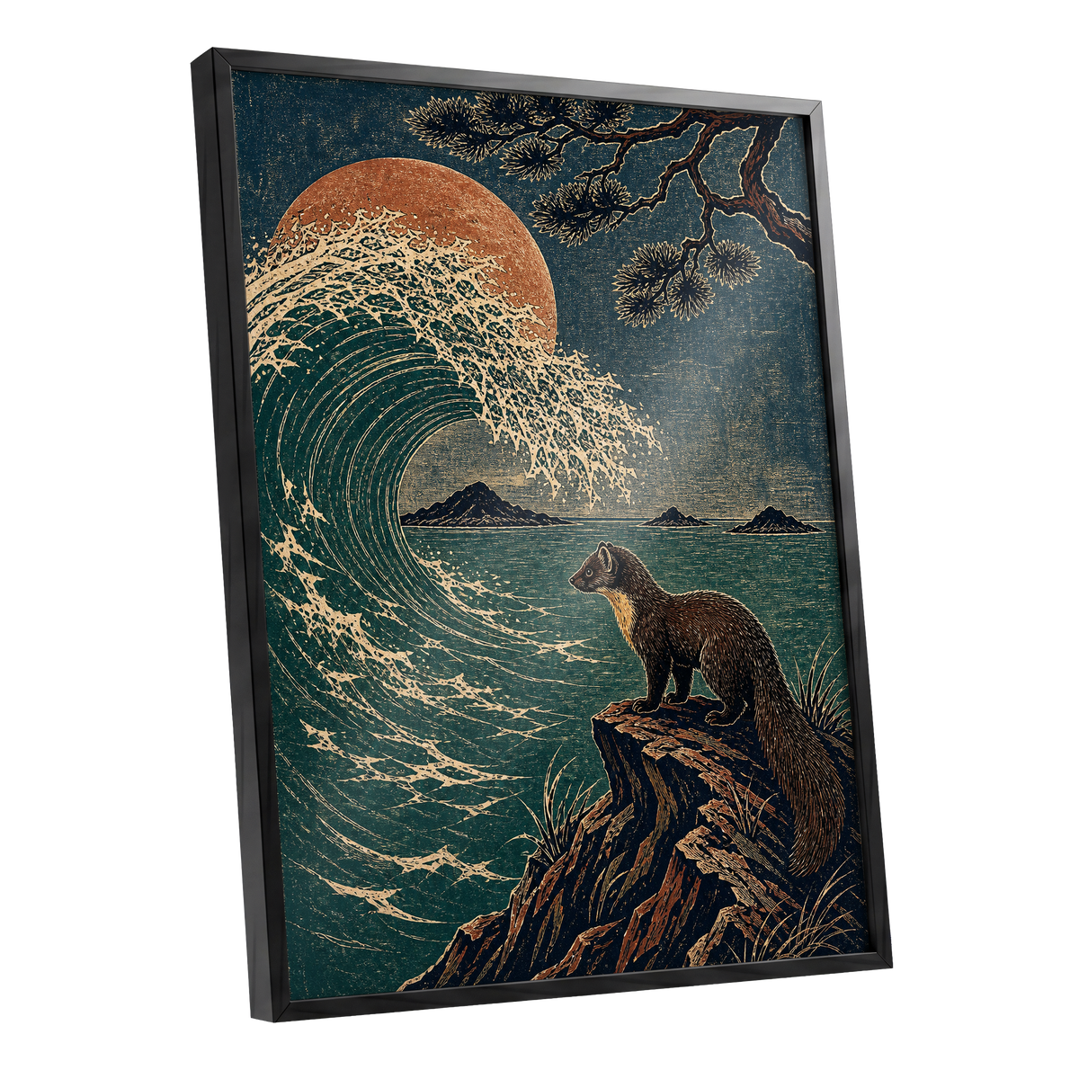 The Wave Watcher, blue, green, beige nature wall art shown as a black framed poster wall art print