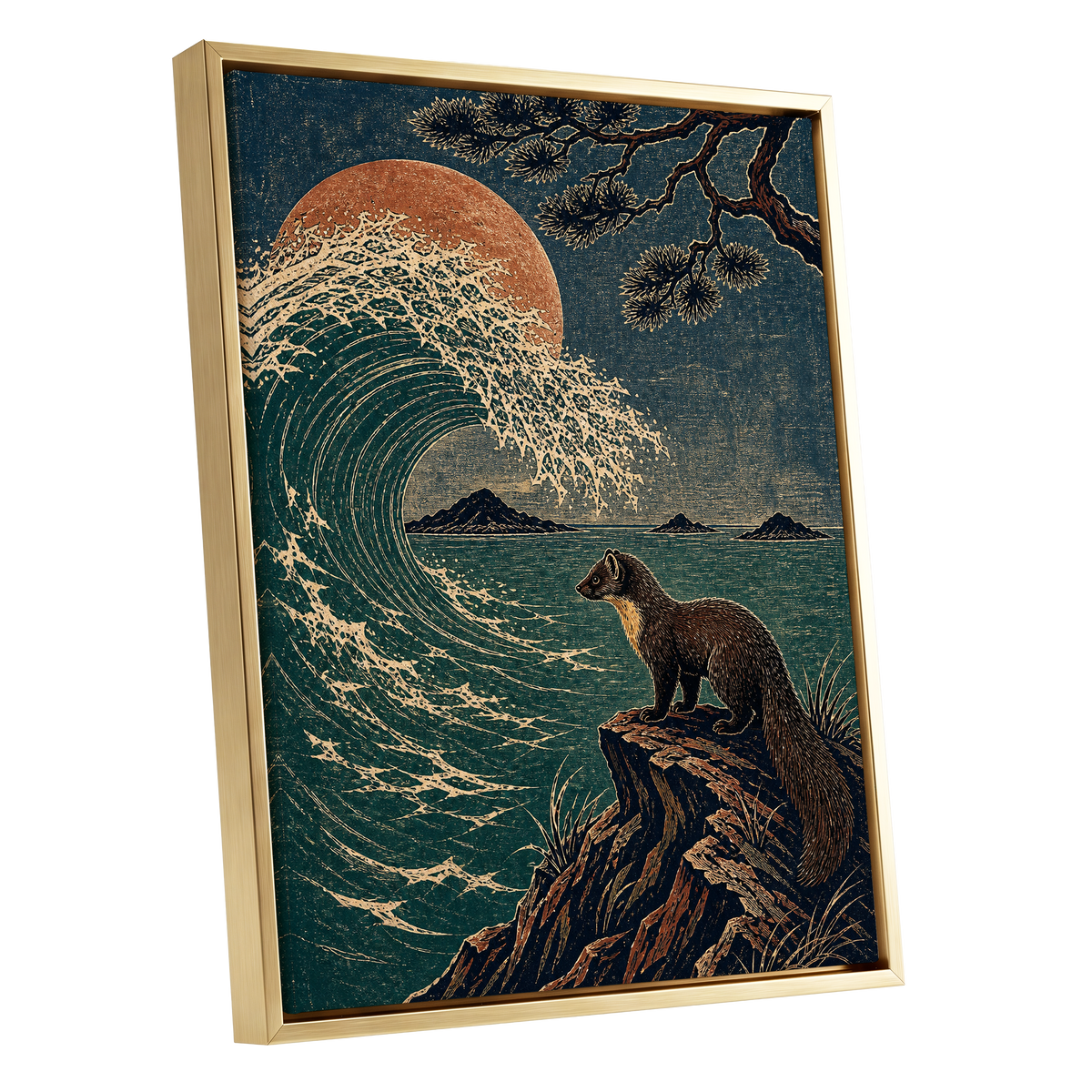 The Wave Watcher, blue, green, beige nature wall art shown as a gold framed canvas wall art