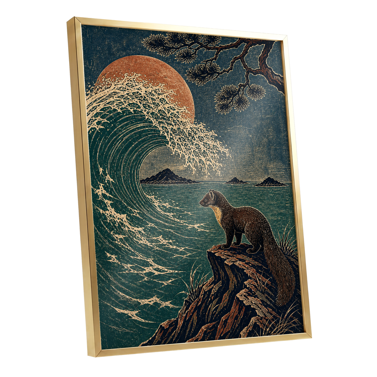 The Wave Watcher, blue, green, beige nature wall art shown as a gold framed poster wall art print