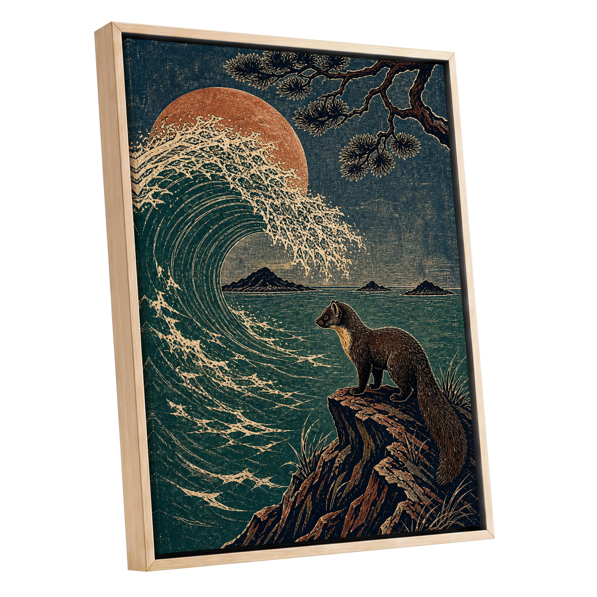 The Wave Watcher, blue, green, beige nature wall art shown as a oak framed canvas wall art